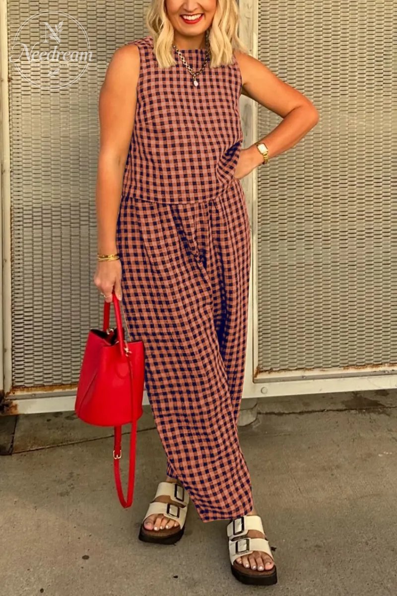Summer New Women's 2 Piece Set Cotton Plaid Crop Top Loose Fit Pocket Nine-Tenths Pants
