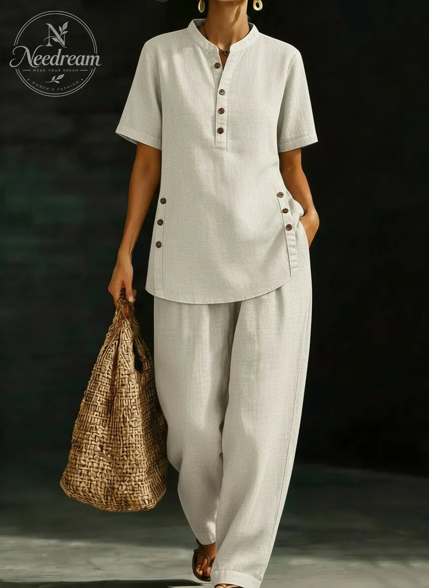 Cozy Casual Button Shirt And Wide-leg Pants Linen Two-piece Set