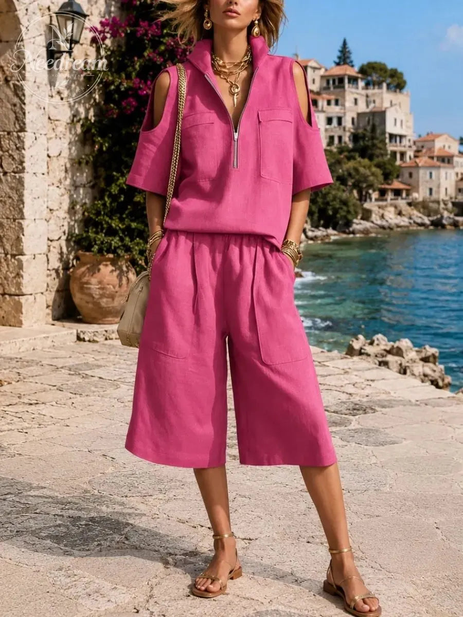 Stand-Up Collar Zipper Off-Shoulder Short-Sleeved Top And Cropped Wide-Leg Pants Two-Piece Set