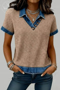Women's Casual Ribbed Knit Patchwork Denim V Neck Long Sleeve Blouse