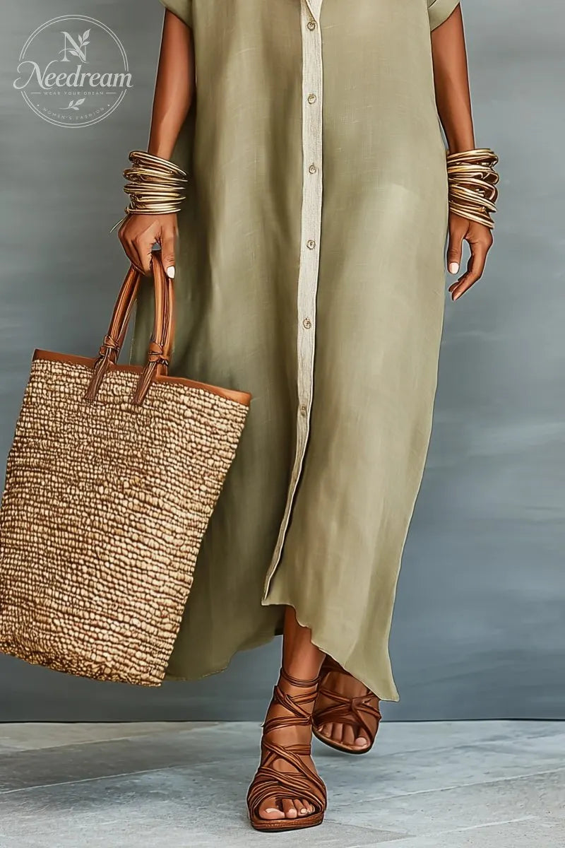 Women's Minimalist Linen Blend Short-sleeved Shirt Maxi Dress
