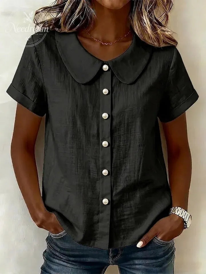 Women's Solid-Color Short-Sleeve Casual Loose Cotton-Linen Shirt with Peter Pan Collar