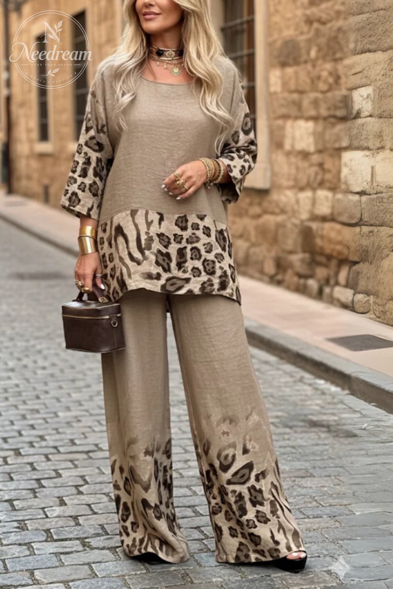 Women's 3/4 Sleeve Linen Cotton Leopard Print Suit
