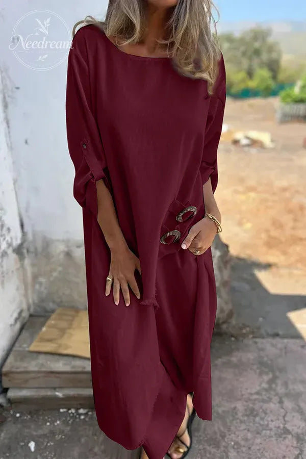 Women's Linen Blend Ring Detail Midi Blouse and Elastic Waist Pocketed Loose Pants Set