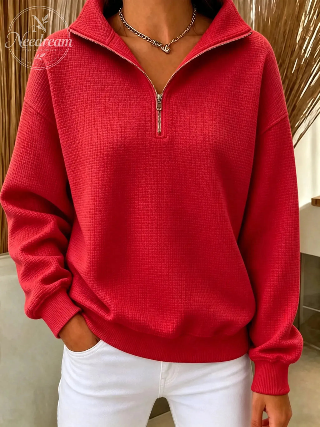 Women's Waffle Knit Quarter-Zip Sweatshirt
