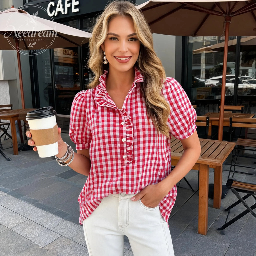 Women Puff Sleeve Plaid Blouses Dressy Casual Business Tops Ruffled Tirm Henley Shirts