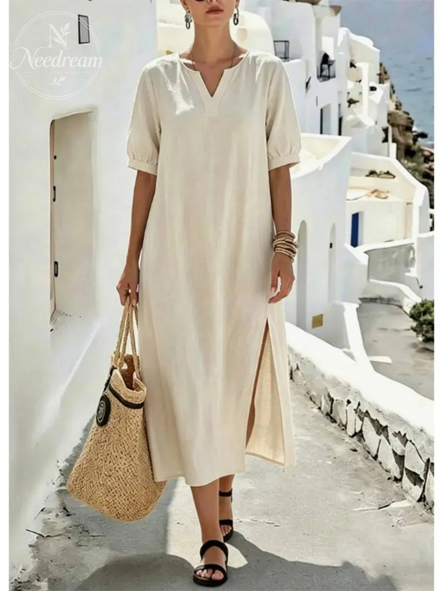 Women's Loose Fit V-Neck Dress with Side Slit