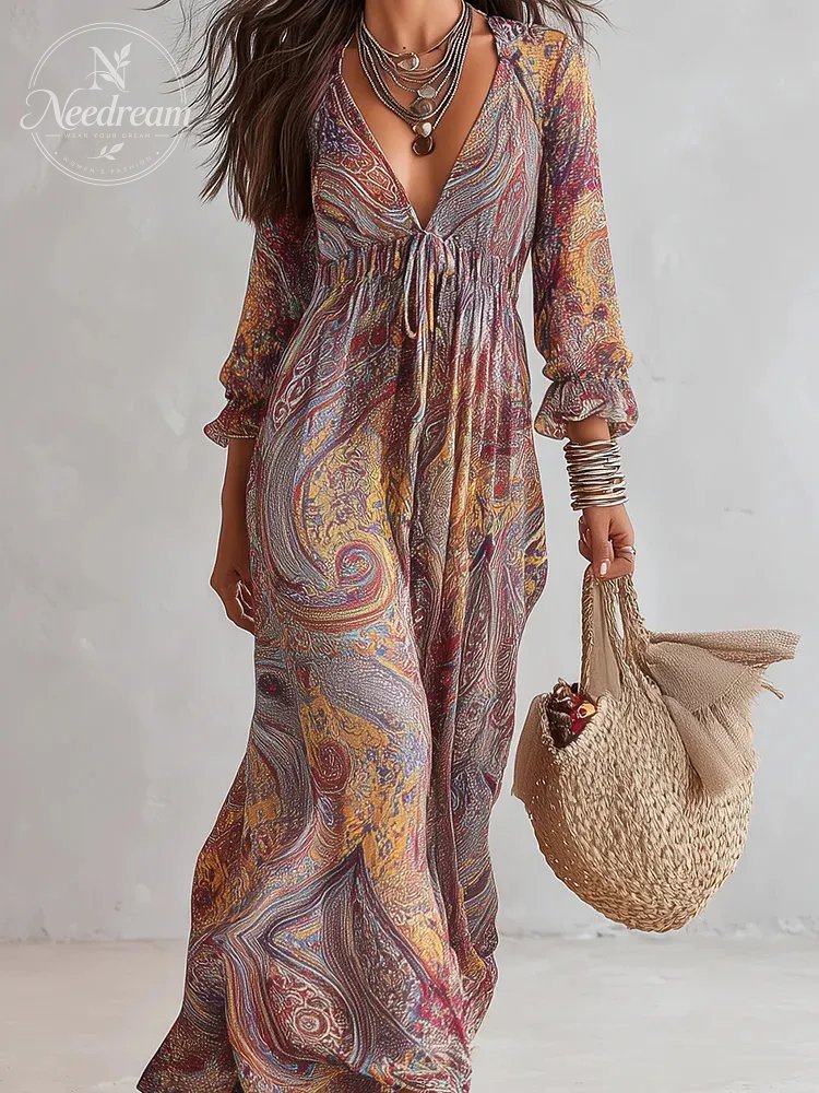Vintage Paisley Print V neck Dress With Tie Waist