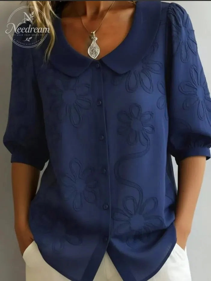 Women's Loose-Fit, Casual, Retro-Style Shirt With Button Details, Floral Embroidery, And Mid-Length Sleeves