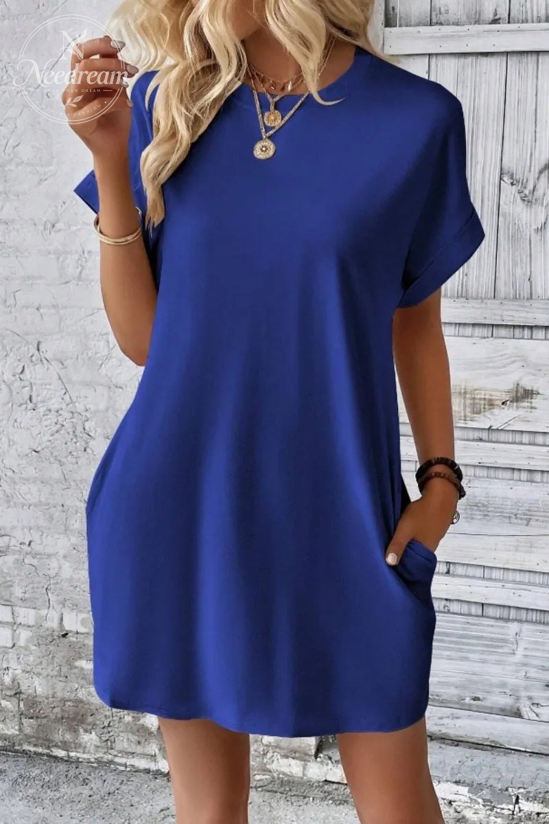 Casual Minimalist Round Neck Roll Up Sleeve Dress