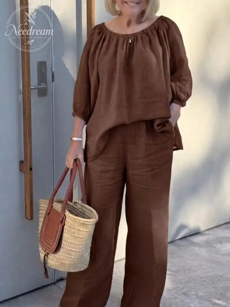 Women'S Linen Shirt And Trousers Two-Piece Set