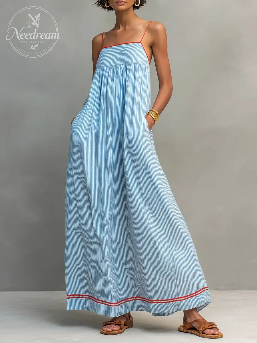 Women's Minimalist Striped Maxi Dress With Red Trim And Spaghetti Straps