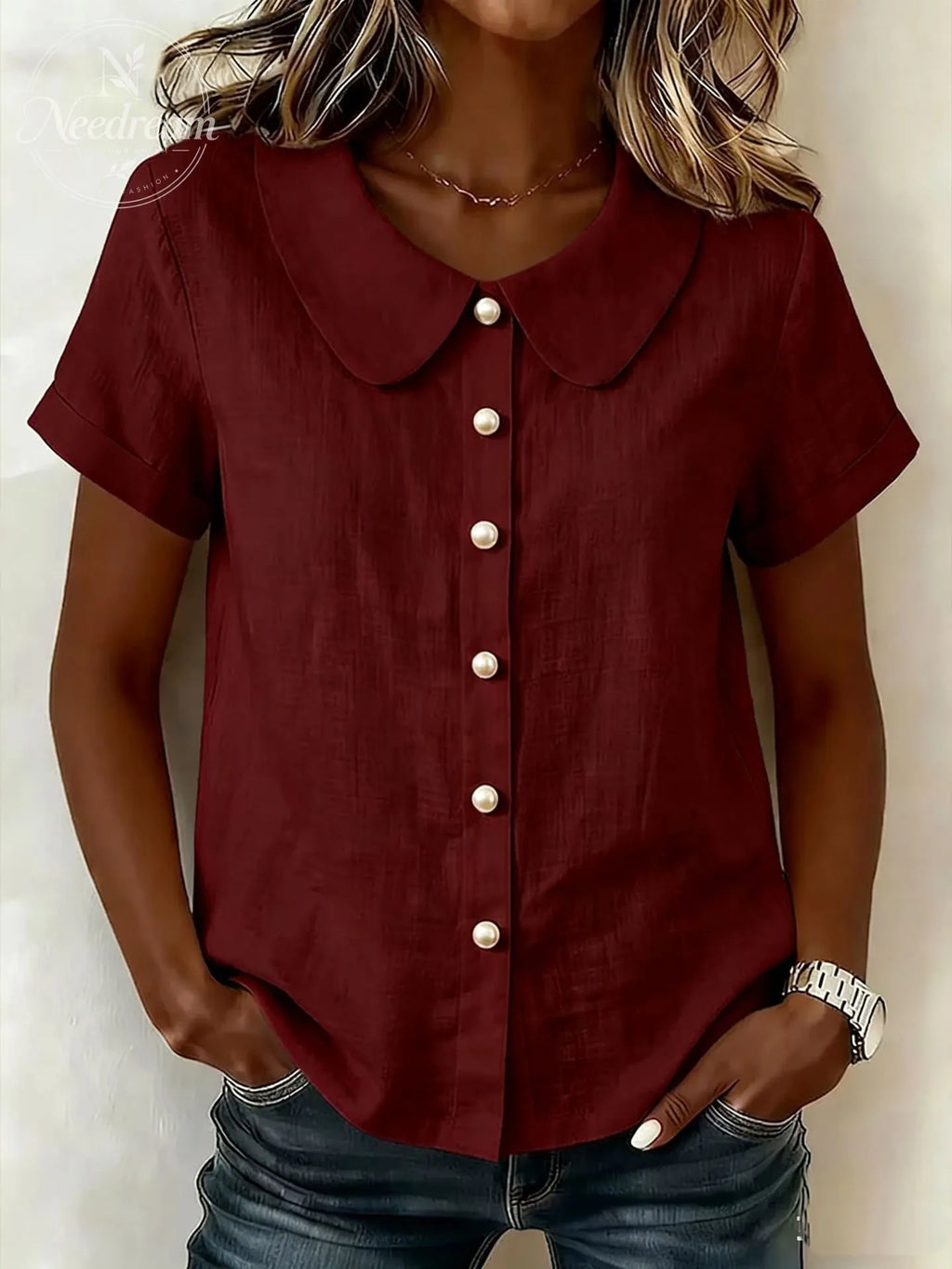 Women's Solid-Color Short-Sleeve Casual Loose Cotton-Linen Shirt with Peter Pan Collar