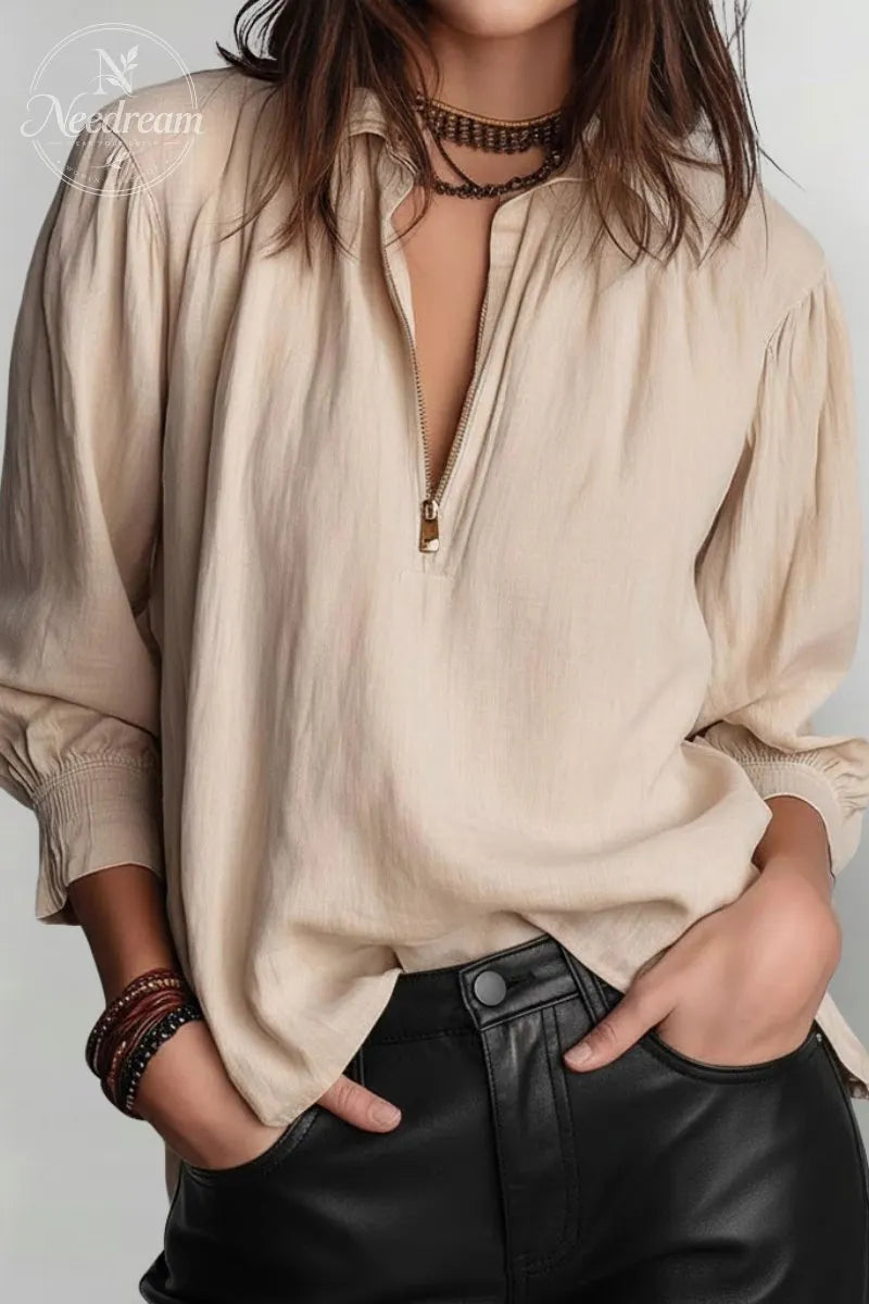 Women's Casual Solid Half Zip Stand Collar Long Sleeve Blouse