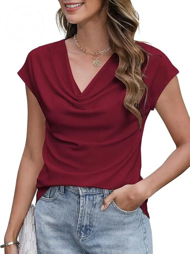 Women's Casual Solid-Color Short-Sleeve Top with Cowl Neck