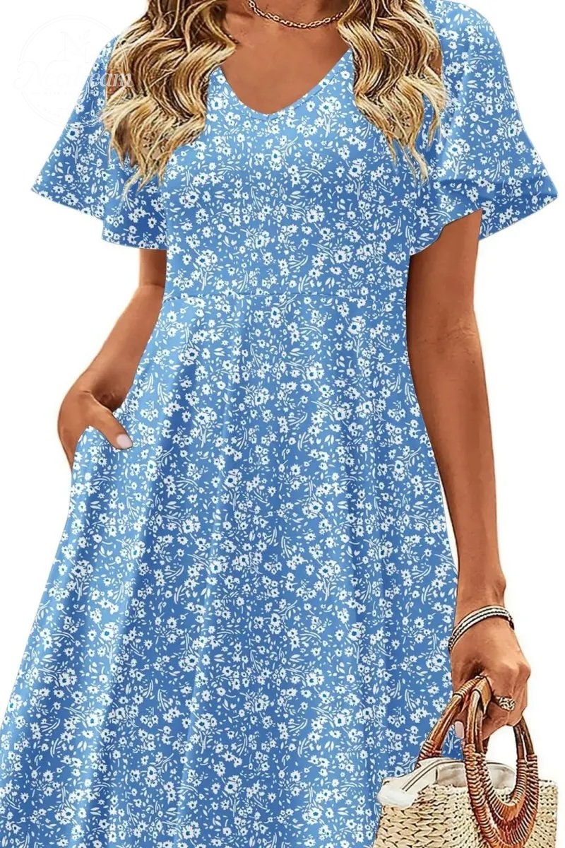 Womens Summer Dress Casual Swing Floral Ruffle Short Sleeve Sundresses Beach Mini A-Line Shift Dress