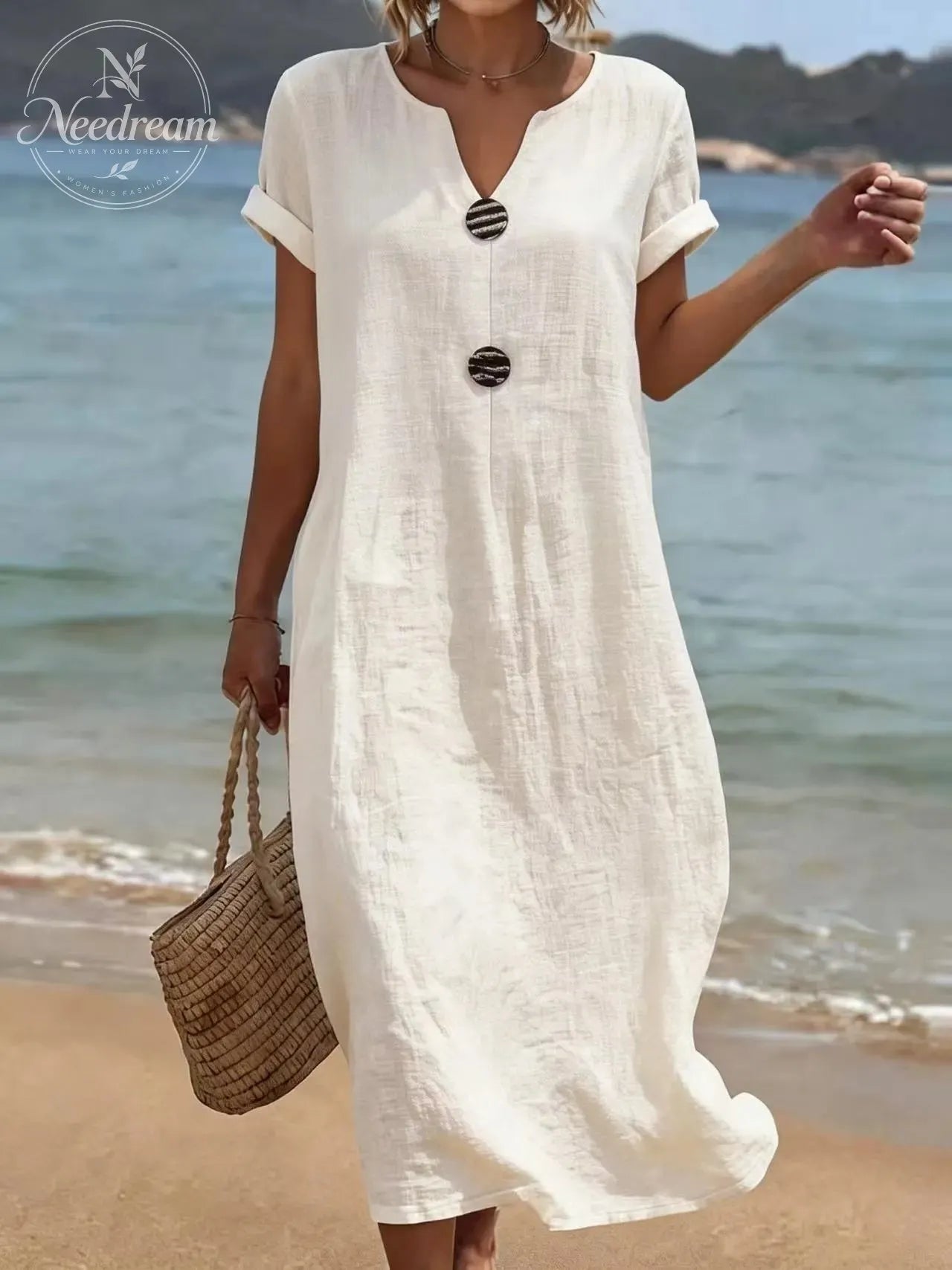🌿 Summer Midi Dress with V-Neck & Decorative Buttons – Light Linen Material, Short Flared Sleeves