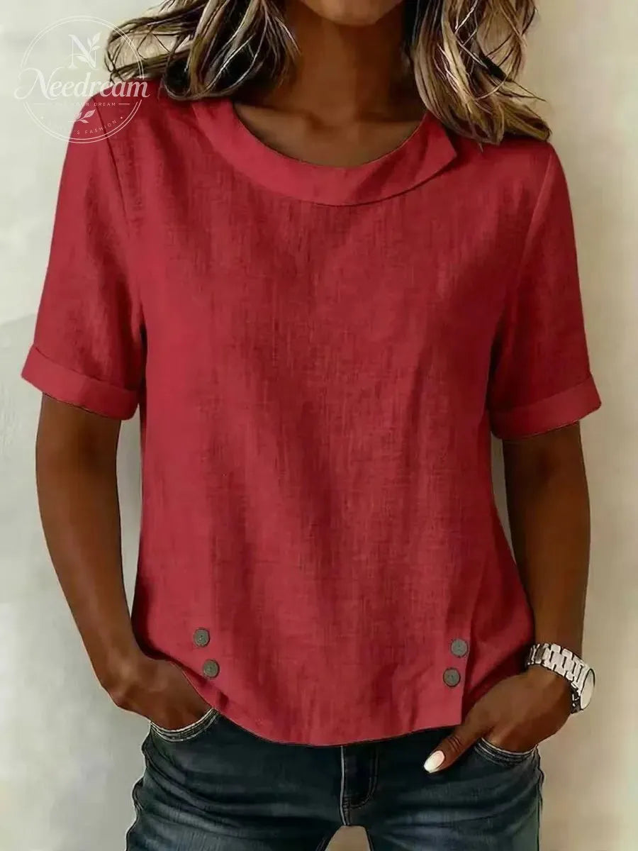 Cotton And Linen Plain Short Sleeve Round Neck Button Casual Top