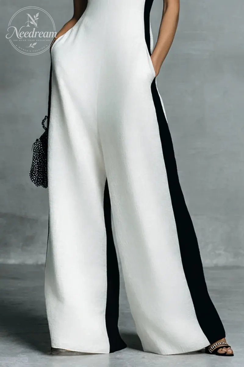 Women's Fashion Black and White Cotton Linen Color Block Thin Strap Jumpsuit