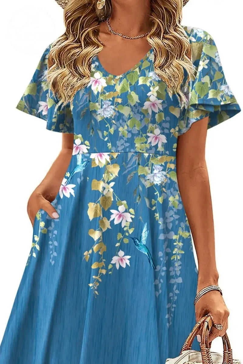 Womens Summer Dress Casual Swing Floral Ruffle Short Sleeve Sundresses Beach Mini A-Line Shift Dress