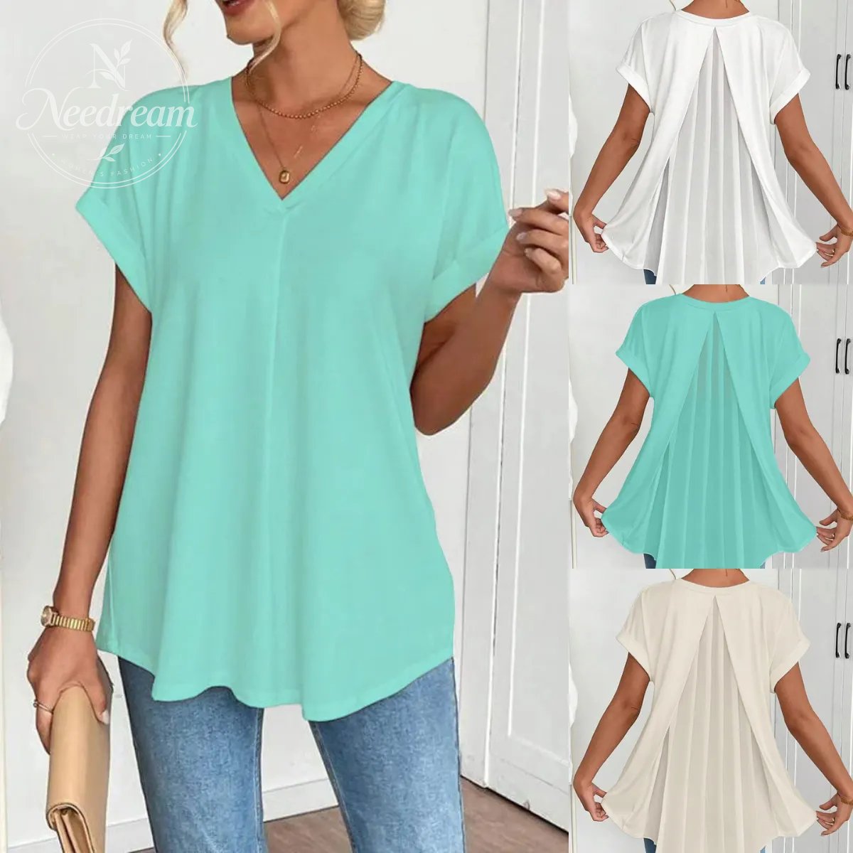 Flowy V-Neck Top With Pleats At The Back