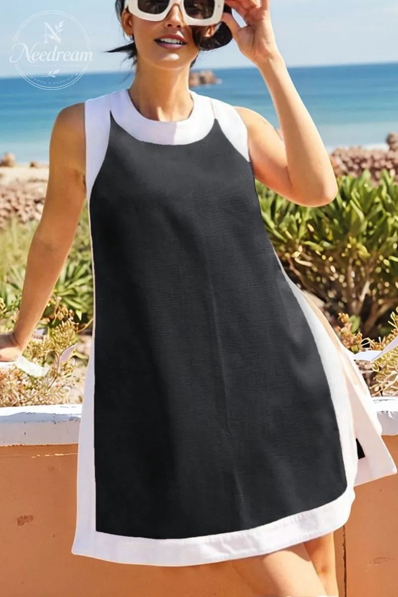 Women's Casual Two Piece Sets Color Block Crewneck Sleeveless Pullover Tops Matching Shorts With Pockets