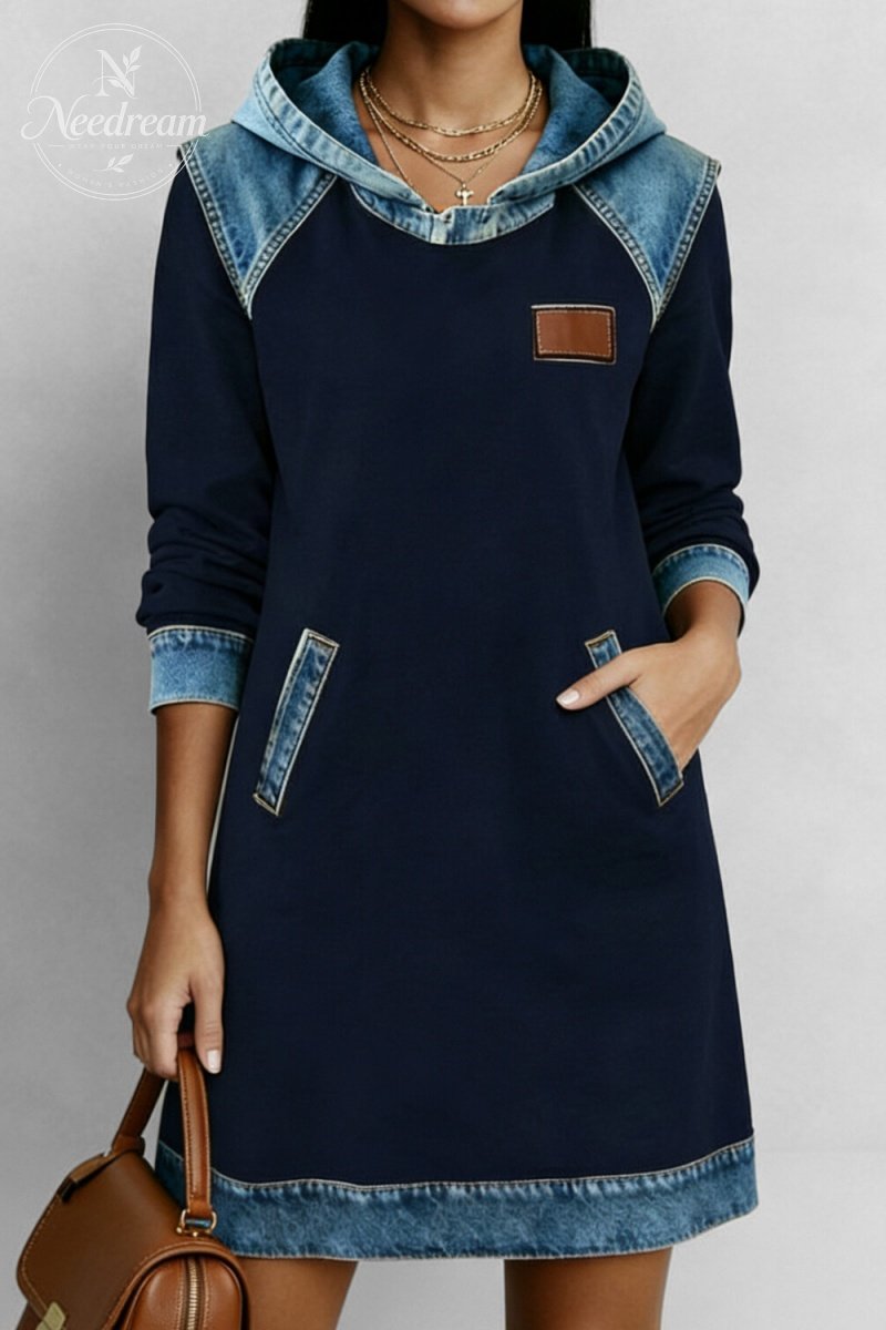 Women's Casual Navy Blue Hoodie Patchwork Denim Hoodie Long Sleeve Mini Dress