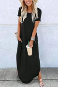 Women's Plain Pocket Round Neck Curved Hem Jersey Tee Dress Style