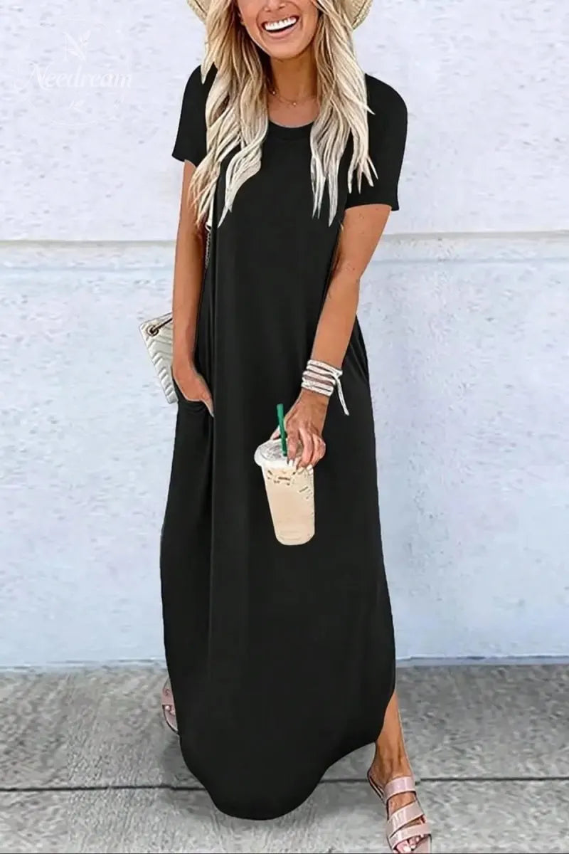 Women's Plain Pocket Round Neck Curved Hem Jersey Tee Dress Style
