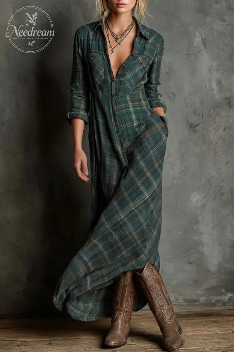 Women's Plaid Lapel Single-Breasted Shirt Maxi Dress
