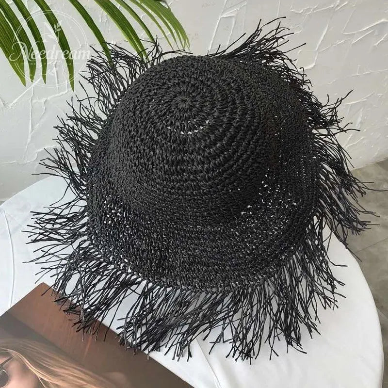 Wide-Brimmed Hand-Woven Straw Hat With Tassels