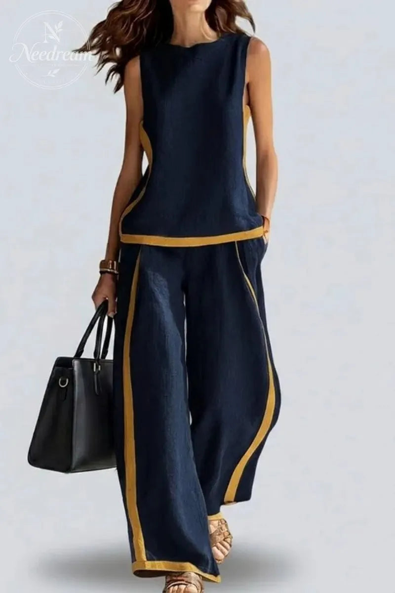 Women's Two Tone Trim Vest & Wide Leg Pants 2Pcs Set