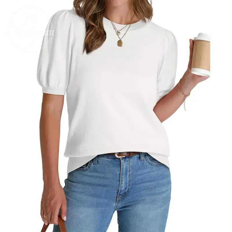 Women's Puff Short Sleeve  Lightweight Knit Top