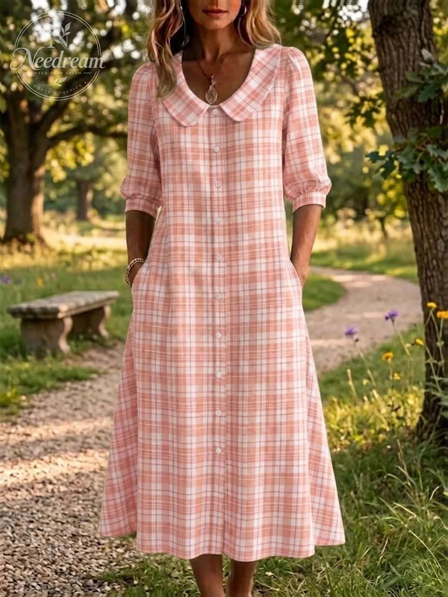 Clearance Sale🔥 Women's Retro Peter Pan Collar Stripe Print Cotton Linen Dress