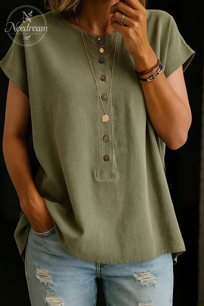 Button-Down Solid Color Elegant Retro Fashion Round Neck Short Sleeve