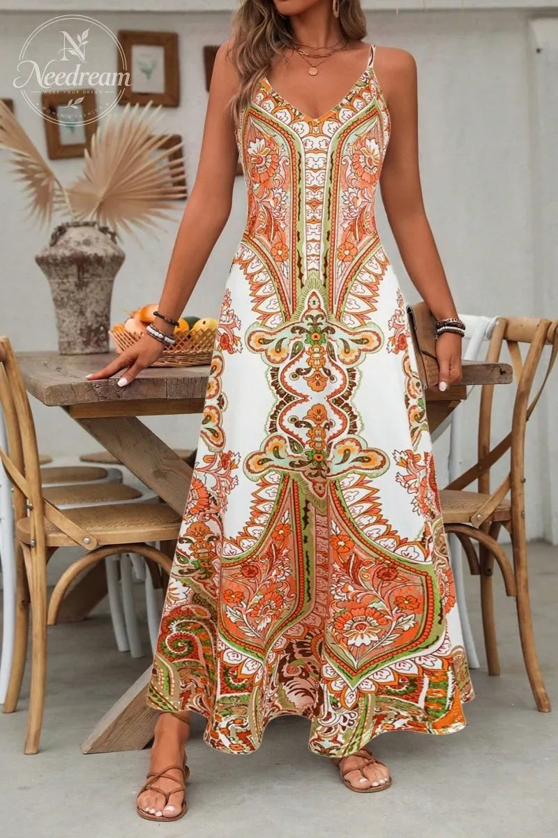 Women's Floral Print Dress, Boho Sleeveless Spaghetti Strap Maxi Dress