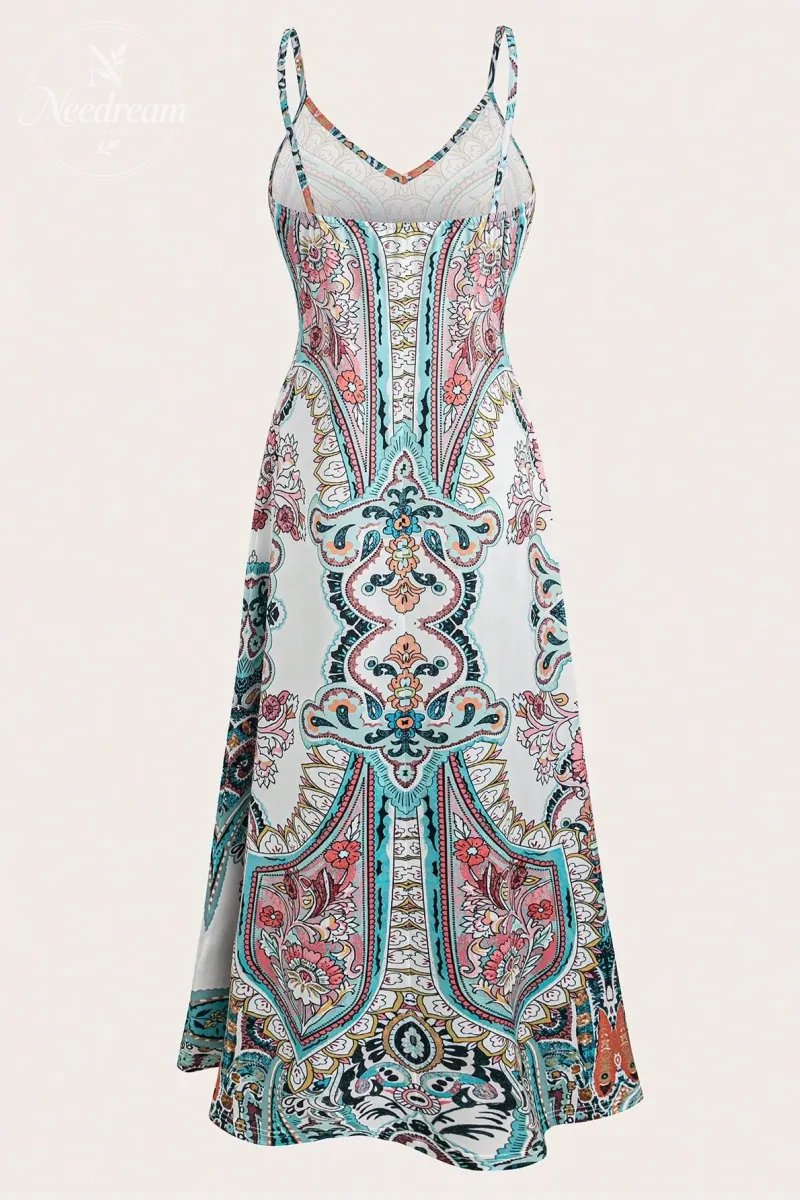 Women's Floral Print Dress, Boho Sleeveless Spaghetti Strap Maxi Dress