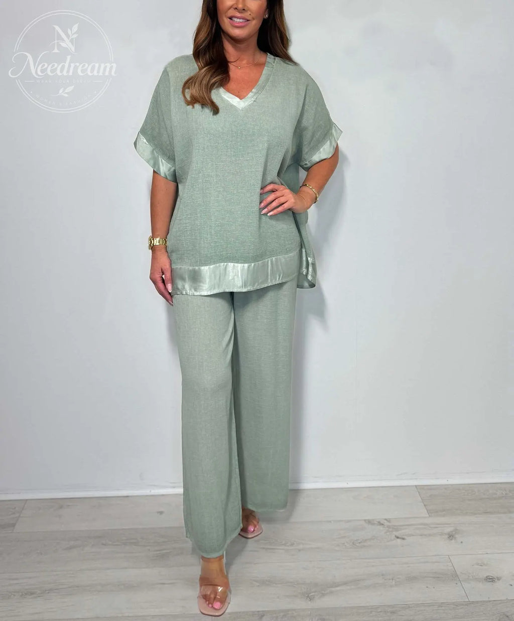 Women's Fashion Casual Surface Trim V-Neck Pants Suit Two-Piece Set