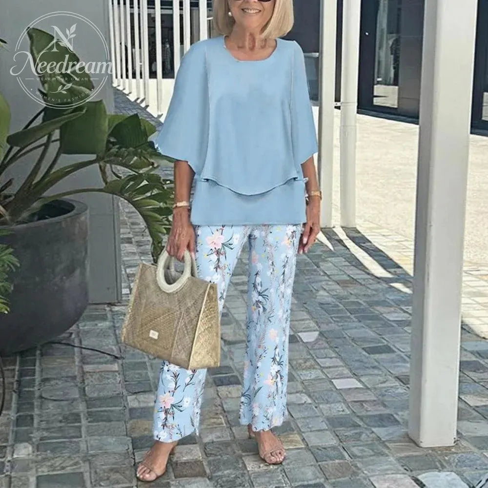Women's Round Neck Mid-Sleeve Top With Floral Print Pants Set Two-Piece