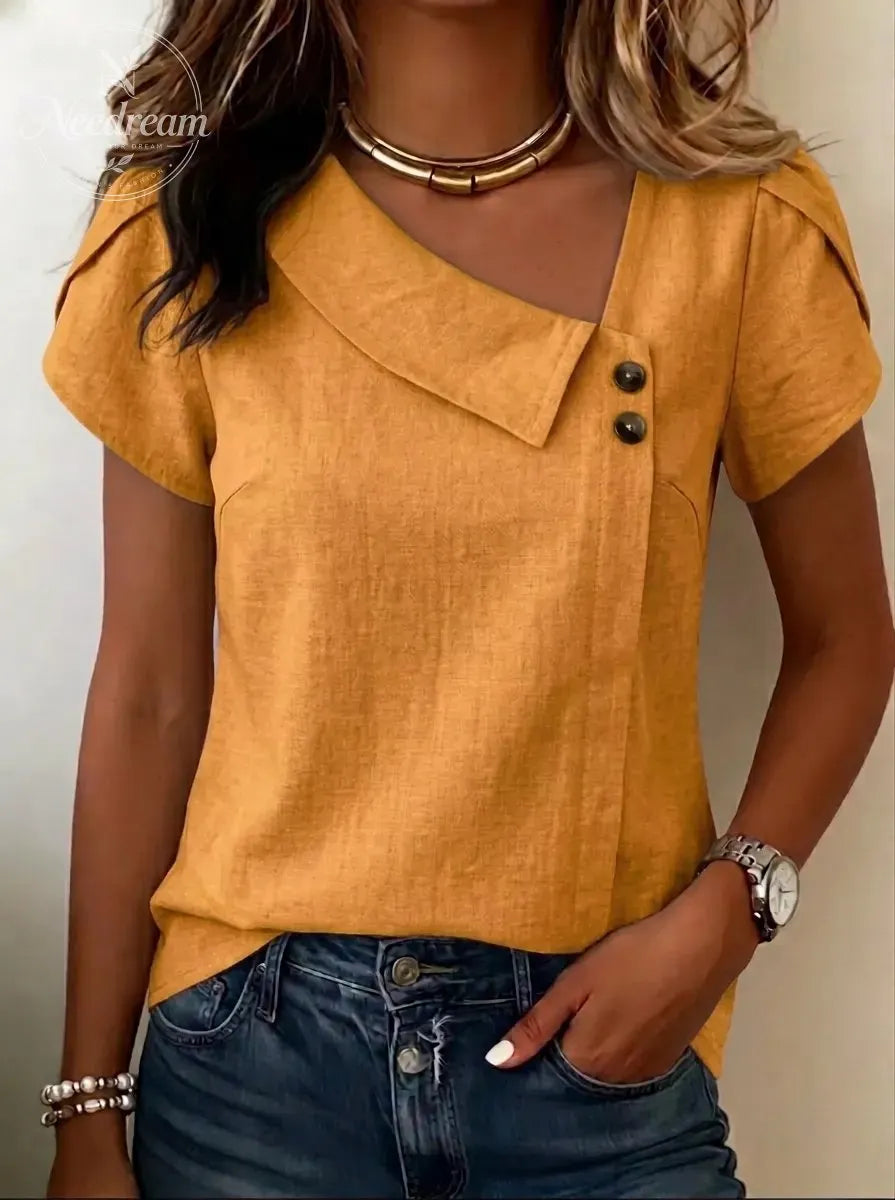 Women's Asymmetric Neckline Linen-Blend Blouse