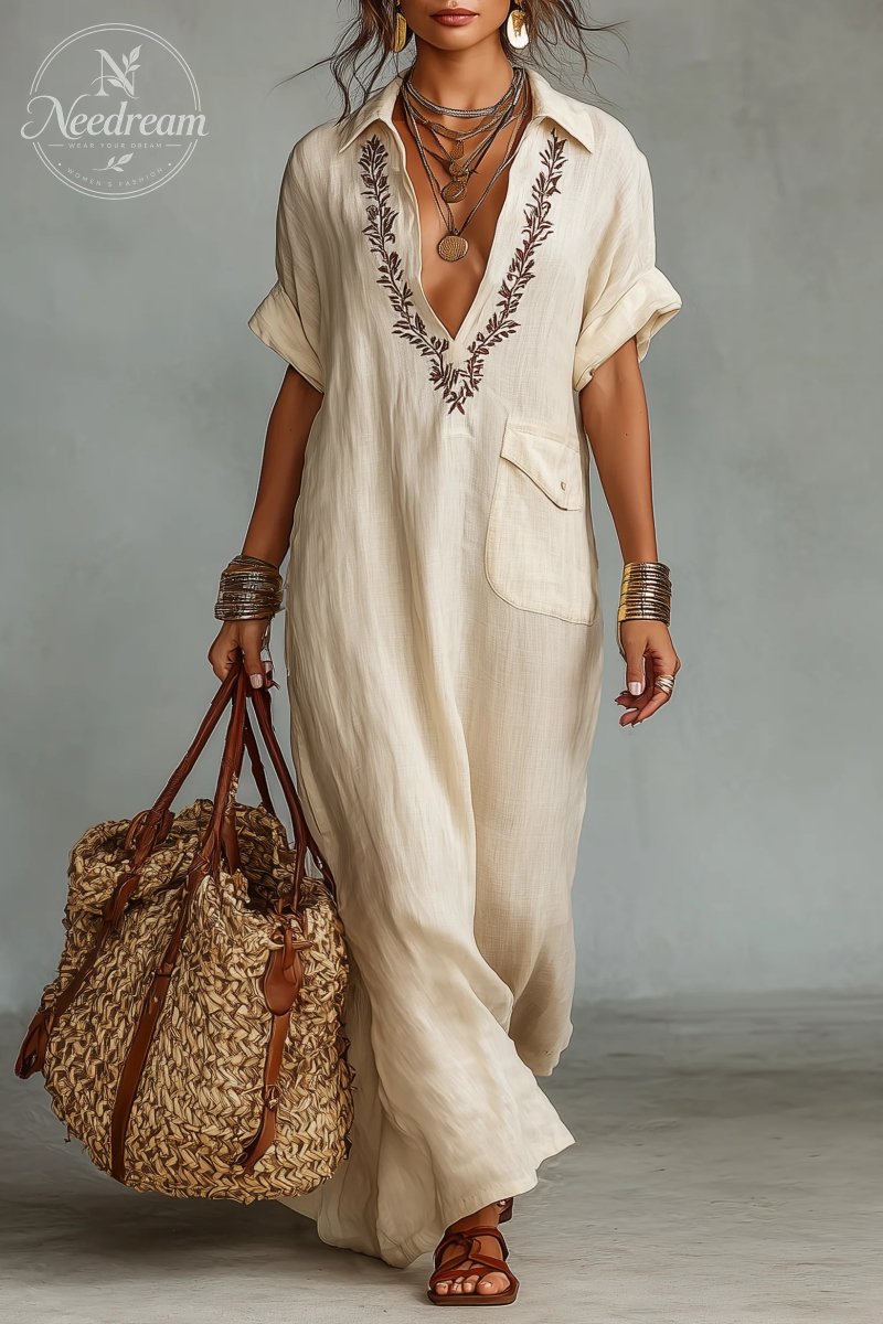 Women's Minimalist Linen Blend Short-sleeved Shirt Maxi Dress
