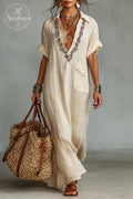Women's Minimalist Linen Blend Short-sleeved Shirt Maxi Dress
