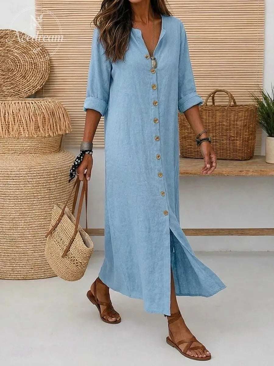 Women'S Vintage Long Sleeve V Neck Slant Pocket Button Front Linen Maxi Dress