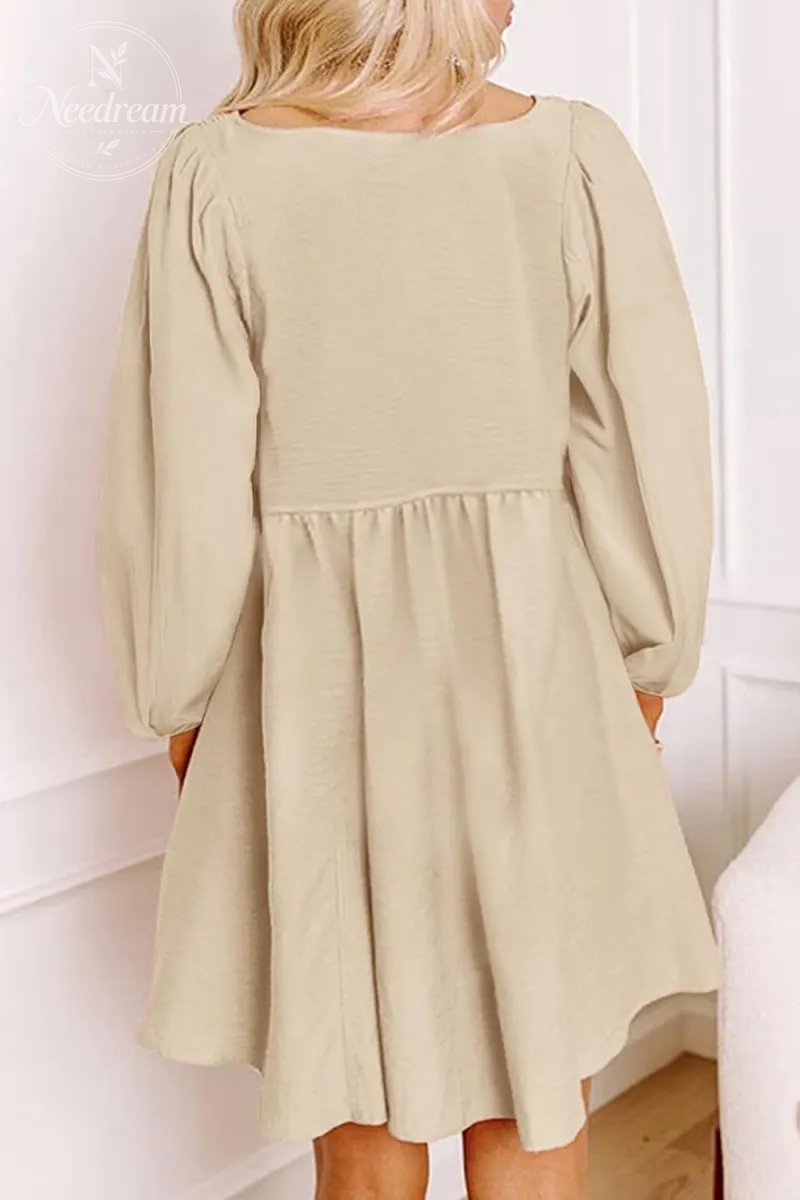 Smocked Crewneck Button Up Long Sleeve Empire Waist A-Line Mini Dress