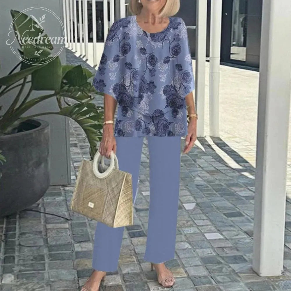 Women's Round Neck Mid-Sleeve Top With Floral Print Pants Set Two-Piece