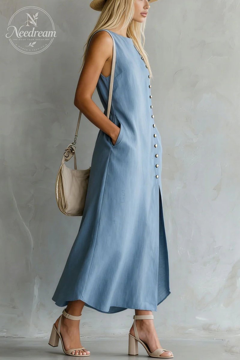 Round Neck Side Slit Sleeveless Cotton Midi Dress