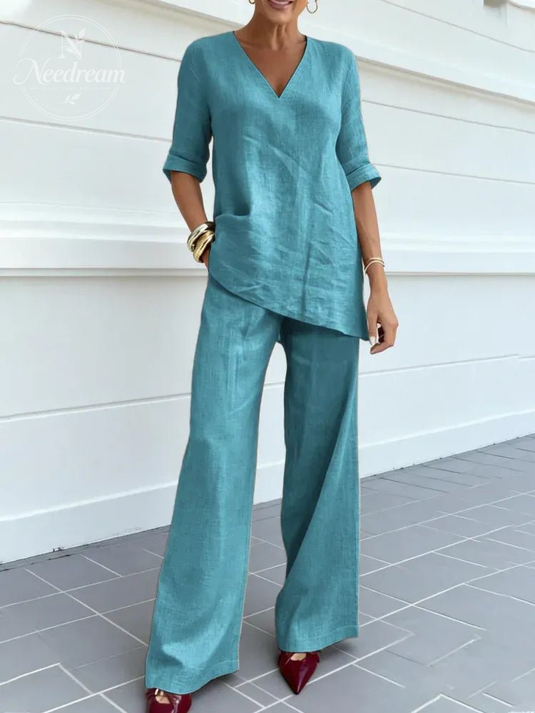 Two-Piece Set Of Short-Sleeved Top And Straight-Leg Pants
