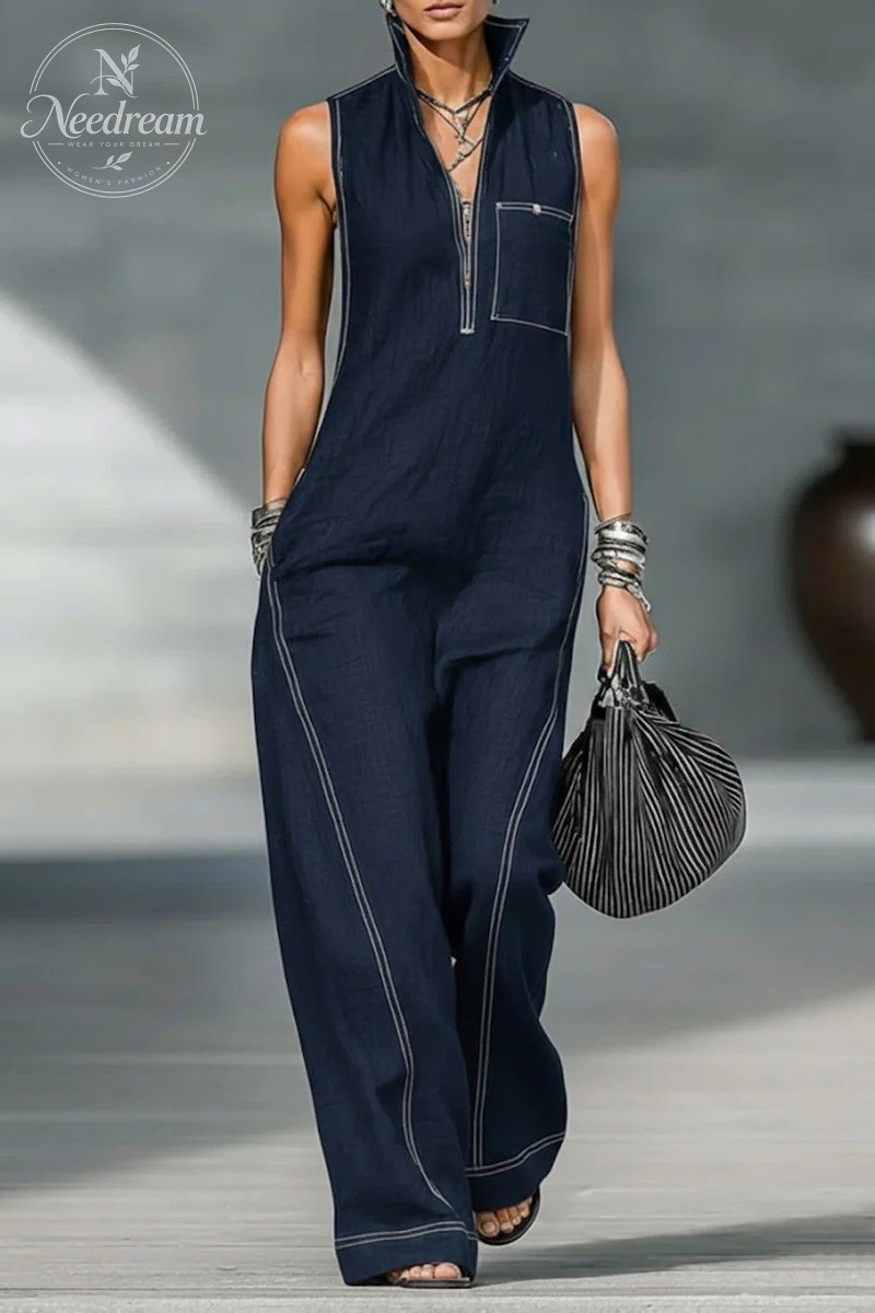 Women's Minimalist Loose-fitting White Trim Sleeveless Jumpsuit
