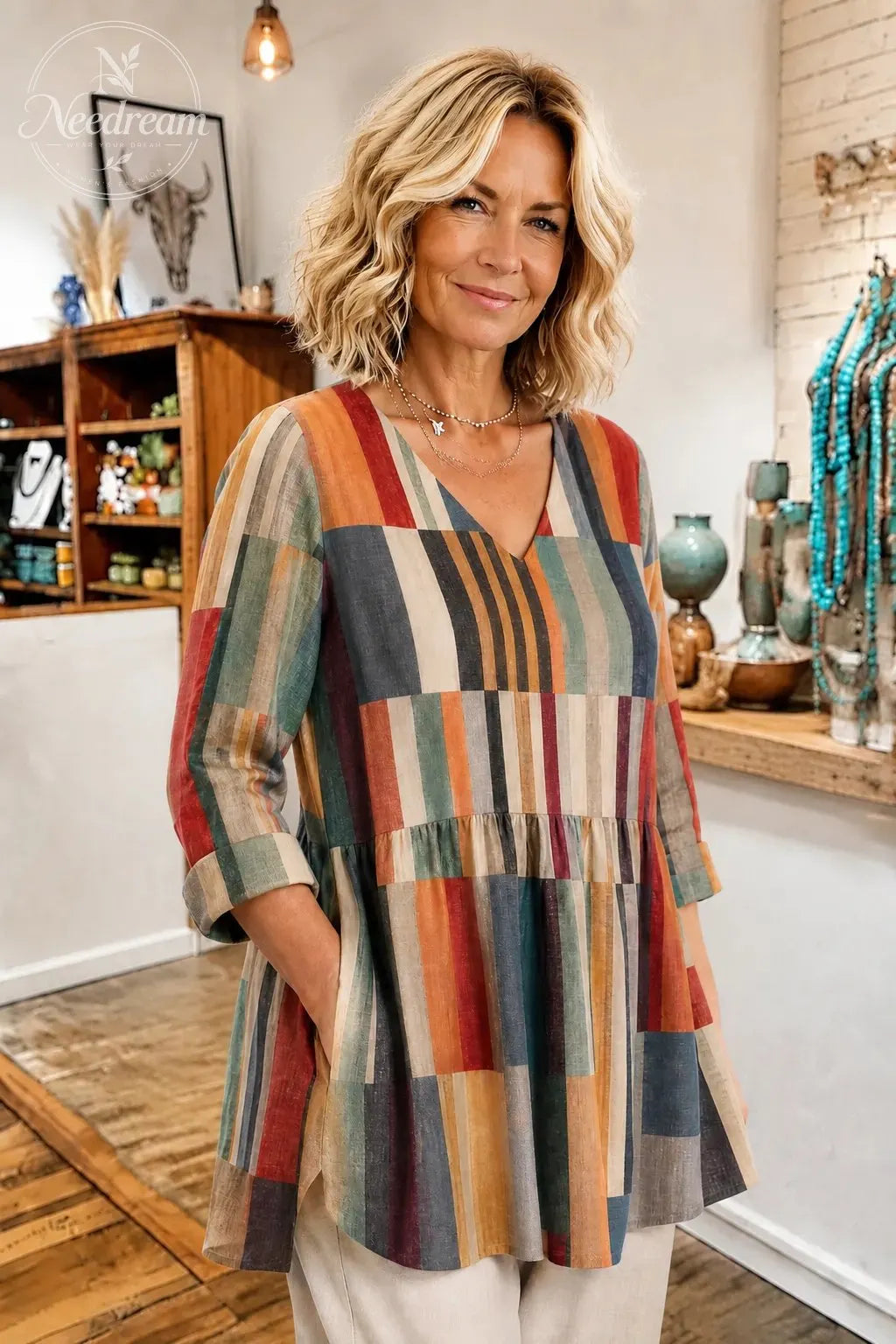 Women'S Geometric Print V-Neck Long-Sleeve Long Shirt