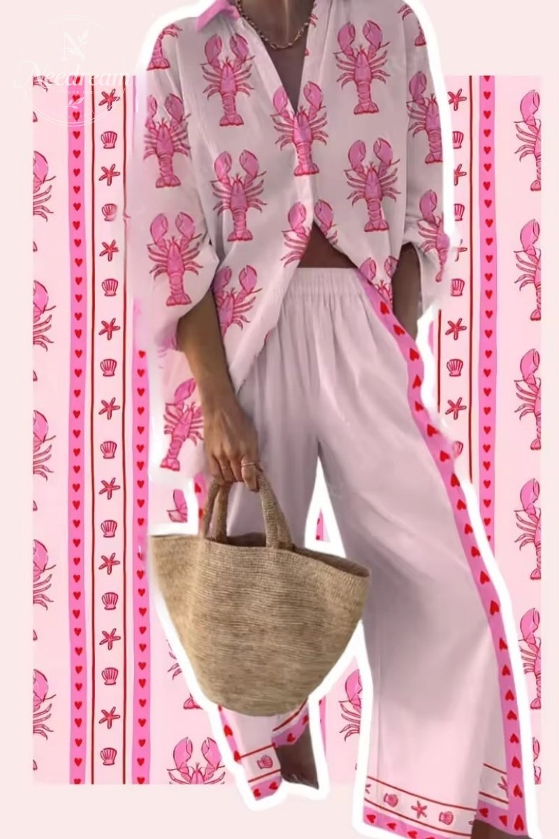 Summer Holiday Lobster Print Casual Two-piece Set
